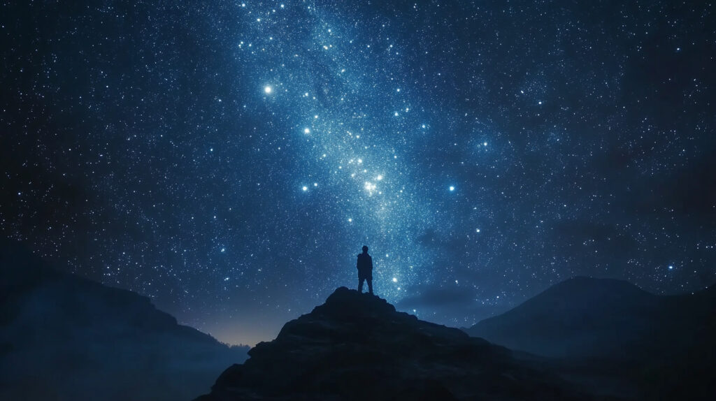 A lone figure silhouetted against the celestial canvas, under a breathtaking starry sky. The magic of the cosmos revealed in the night.