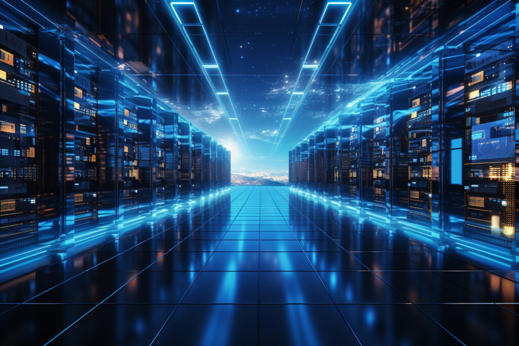 Server room data center. Backup, mining, hosting, mainframe and computer rack with storage information. 3d render